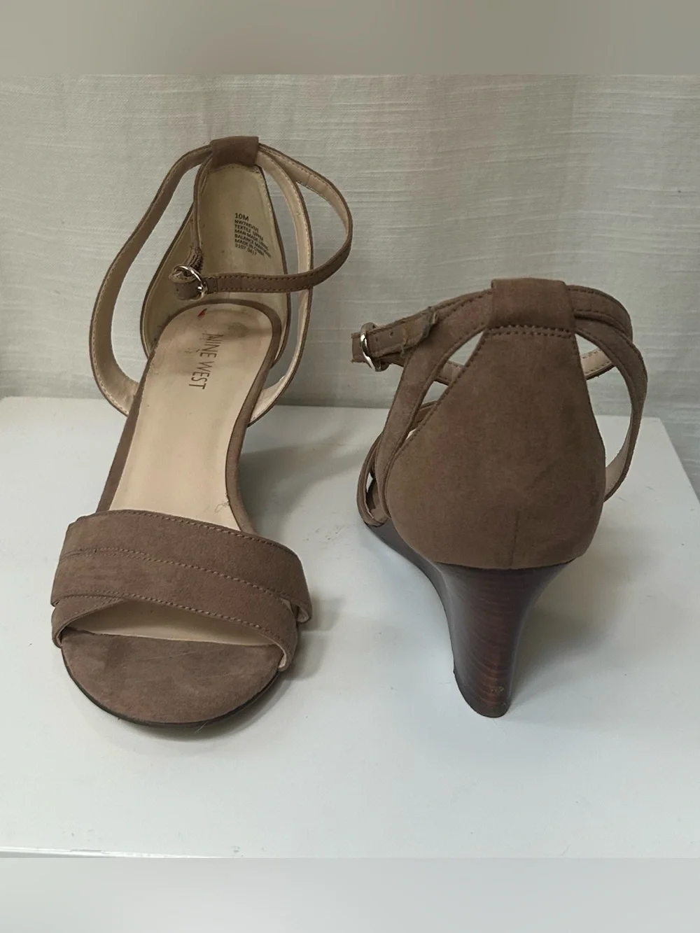 Nine West Neutral Taupe Brown Suede Ankle-Strap Wedges Sandals